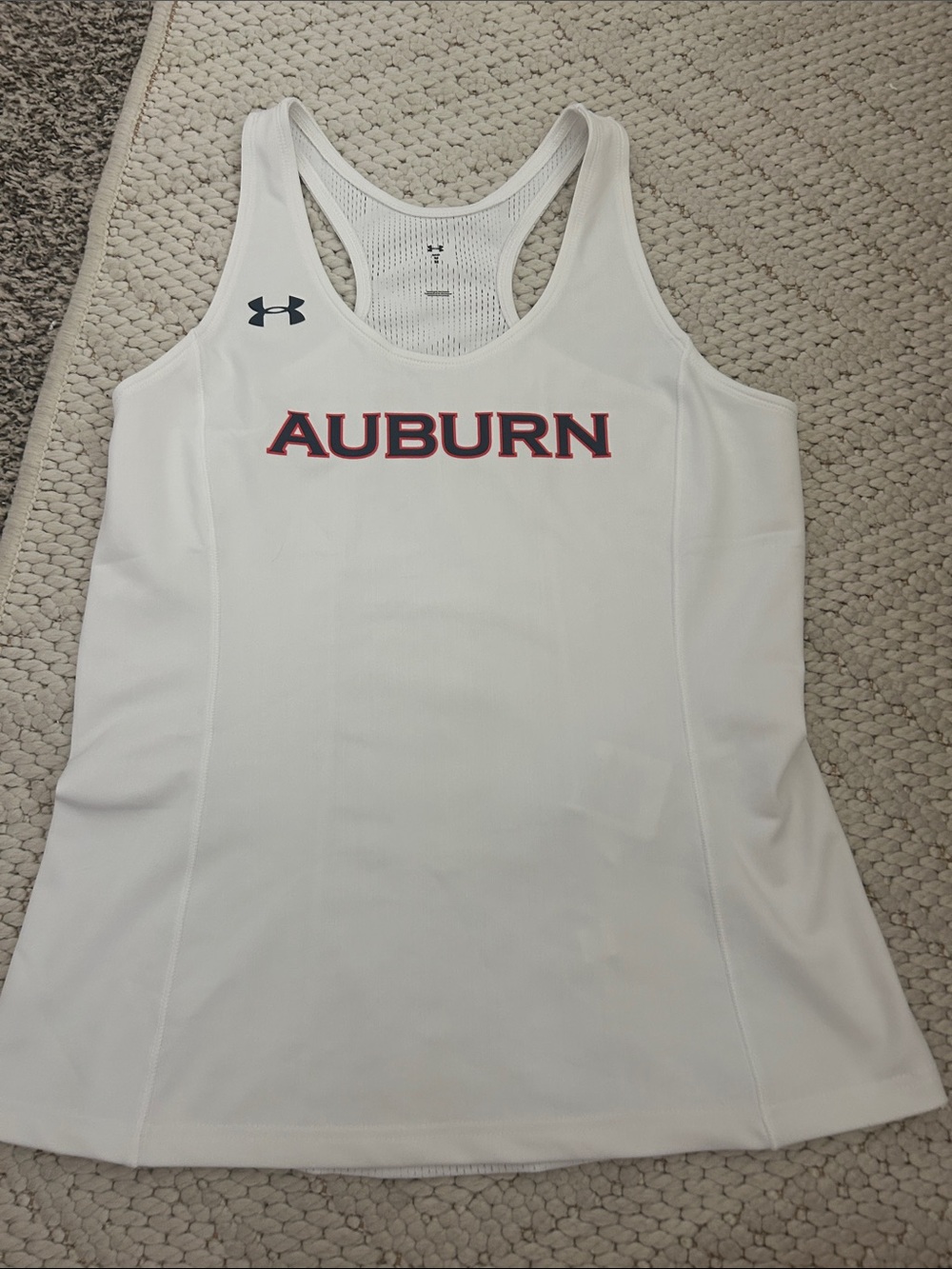 Under Armour White Auburn Racerback Tank with Navy/Orange Logo